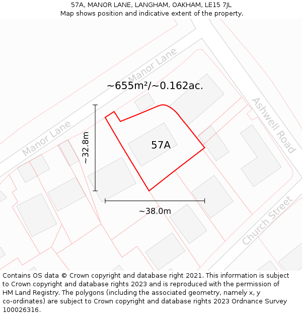 57A, MANOR LANE, LANGHAM, OAKHAM, LE15 7JL: Plot and title map