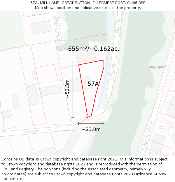 57A, MILL LANE, GREAT SUTTON, ELLESMERE PORT, CH66 3PE: Plot and title map