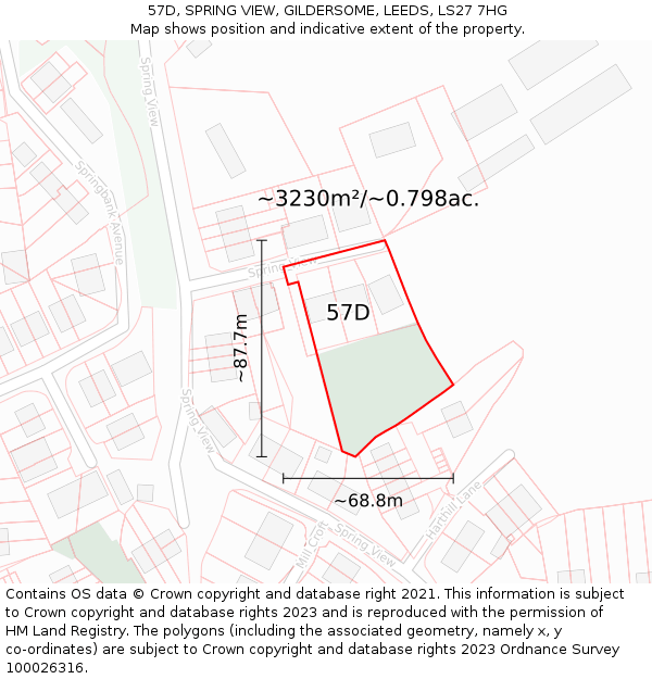 57D, SPRING VIEW, GILDERSOME, LEEDS, LS27 7HG: Plot and title map