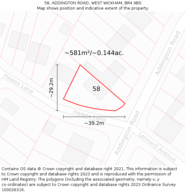 58, ADDINGTON ROAD, WEST WICKHAM, BR4 9BS: Plot and title map