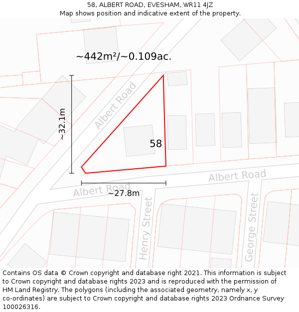 58, ALBERT ROAD, EVESHAM, WR11 4JZ: Plot and title map