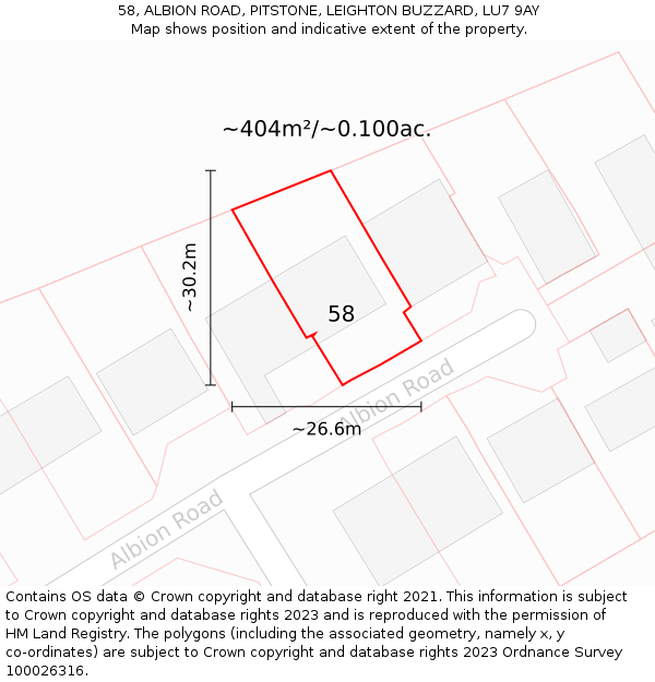 58, ALBION ROAD, PITSTONE, LEIGHTON BUZZARD, LU7 9AY: Plot and title map