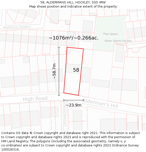 58, ALDERMANS HILL, HOCKLEY, SS5 4RW: Plot and title map