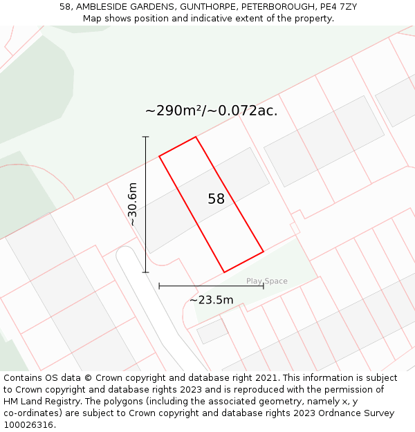 58, AMBLESIDE GARDENS, GUNTHORPE, PETERBOROUGH, PE4 7ZY: Plot and title map
