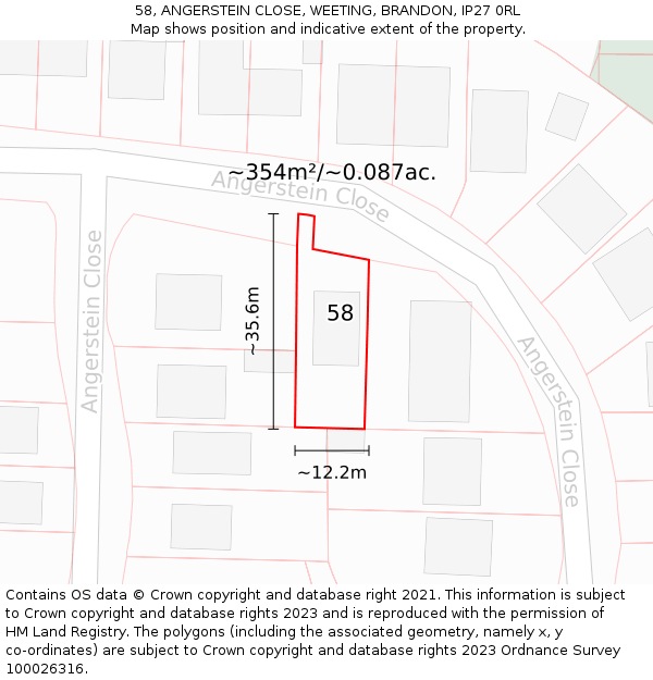58, ANGERSTEIN CLOSE, WEETING, BRANDON, IP27 0RL: Plot and title map