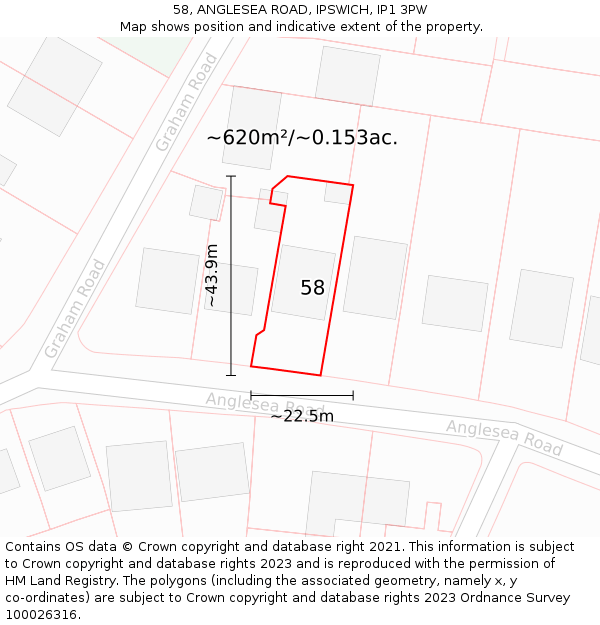 58, ANGLESEA ROAD, IPSWICH, IP1 3PW: Plot and title map