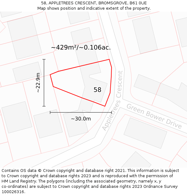 58, APPLETREES CRESCENT, BROMSGROVE, B61 0UE: Plot and title map