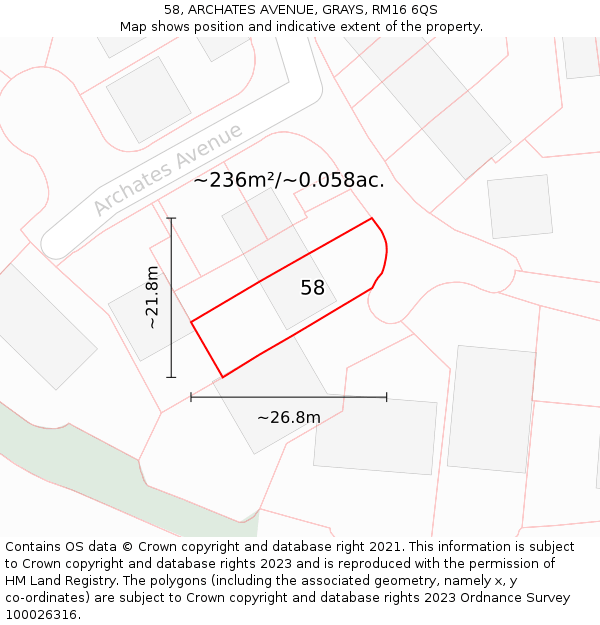 58, ARCHATES AVENUE, GRAYS, RM16 6QS: Plot and title map