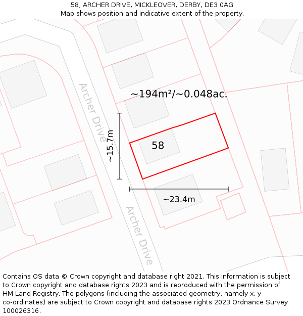 58, ARCHER DRIVE, MICKLEOVER, DERBY, DE3 0AG: Plot and title map