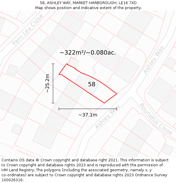 58, ASHLEY WAY, MARKET HARBOROUGH, LE16 7XD: Plot and title map