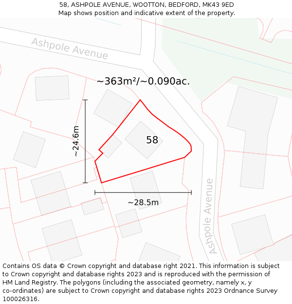 58, ASHPOLE AVENUE, WOOTTON, BEDFORD, MK43 9ED: Plot and title map