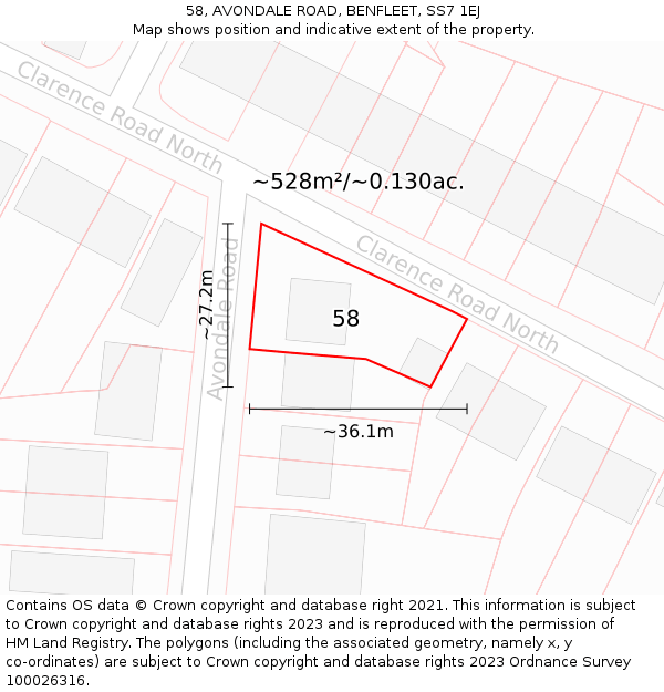 58, AVONDALE ROAD, BENFLEET, SS7 1EJ: Plot and title map