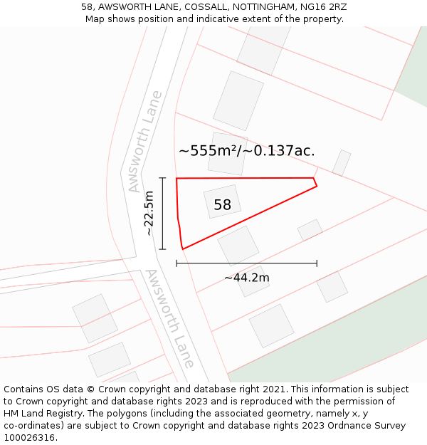 58, AWSWORTH LANE, COSSALL, NOTTINGHAM, NG16 2RZ: Plot and title map