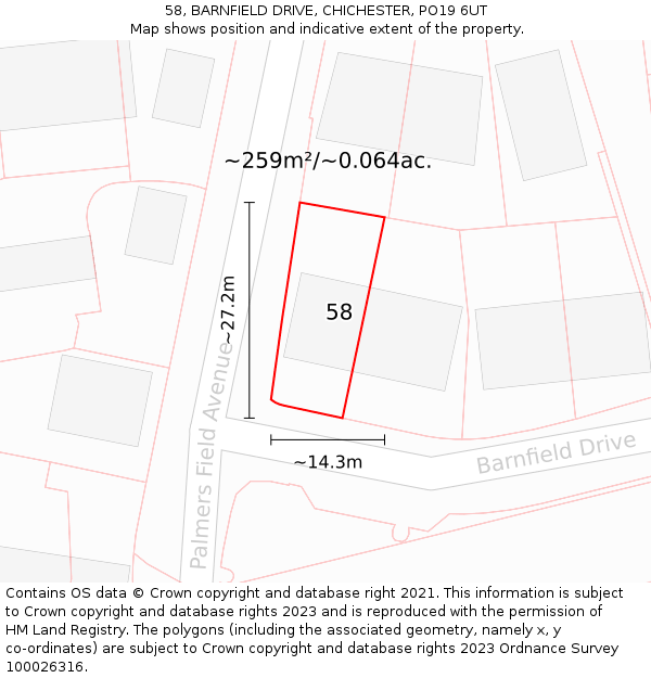 58, BARNFIELD DRIVE, CHICHESTER, PO19 6UT: Plot and title map