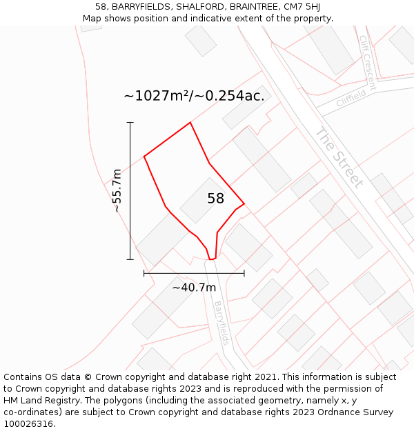 58, BARRYFIELDS, SHALFORD, BRAINTREE, CM7 5HJ: Plot and title map