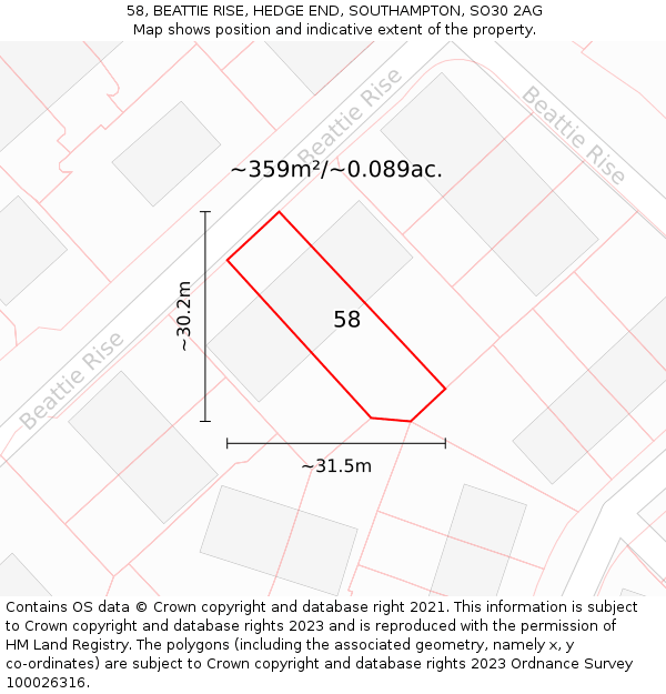 58, BEATTIE RISE, HEDGE END, SOUTHAMPTON, SO30 2AG: Plot and title map