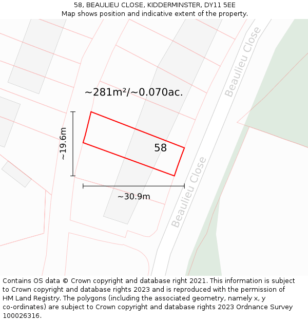58, BEAULIEU CLOSE, KIDDERMINSTER, DY11 5EE: Plot and title map