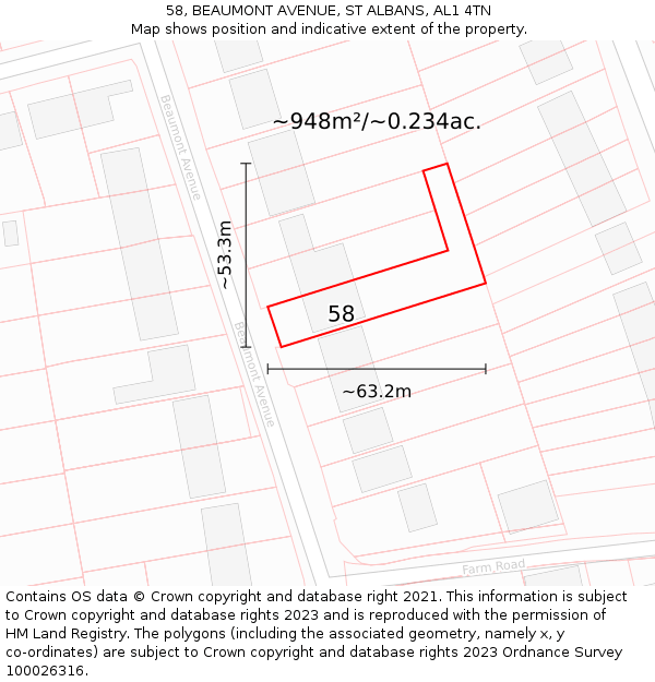 58, BEAUMONT AVENUE, ST ALBANS, AL1 4TN: Plot and title map