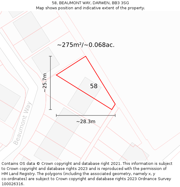 58, BEAUMONT WAY, DARWEN, BB3 3SG: Plot and title map