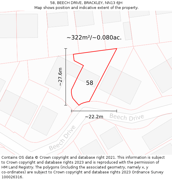 58, BEECH DRIVE, BRACKLEY, NN13 6JH: Plot and title map
