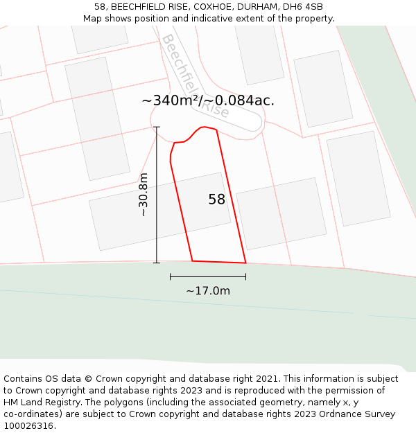 58, BEECHFIELD RISE, COXHOE, DURHAM, DH6 4SB: Plot and title map