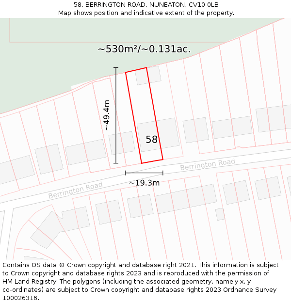 58, BERRINGTON ROAD, NUNEATON, CV10 0LB: Plot and title map