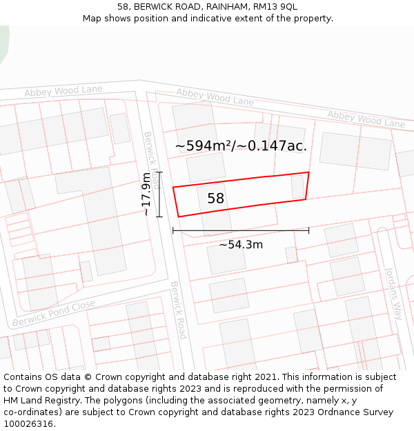 58, BERWICK ROAD, RAINHAM, RM13 9QL: Plot and title map