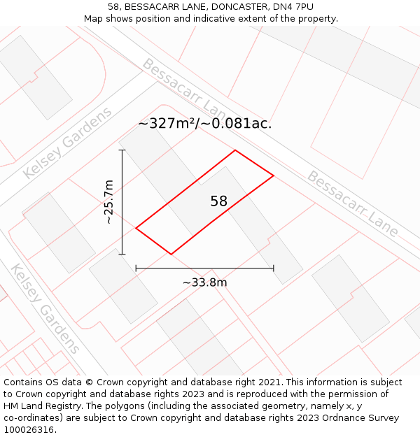 58, BESSACARR LANE, DONCASTER, DN4 7PU: Plot and title map