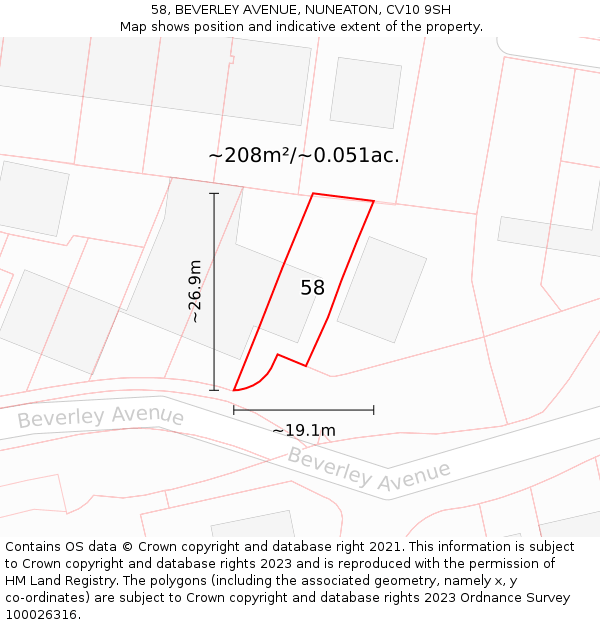 58, BEVERLEY AVENUE, NUNEATON, CV10 9SH: Plot and title map