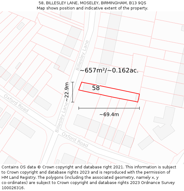 58, BILLESLEY LANE, MOSELEY, BIRMINGHAM, B13 9QS: Plot and title map