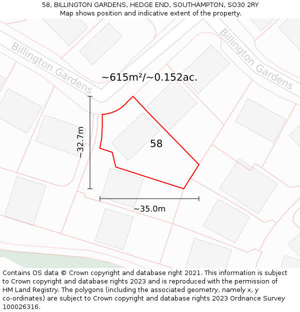 58, BILLINGTON GARDENS, HEDGE END, SOUTHAMPTON, SO30 2RY: Plot and title map