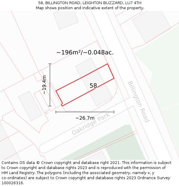 58, BILLINGTON ROAD, LEIGHTON BUZZARD, LU7 4TH: Plot and title map