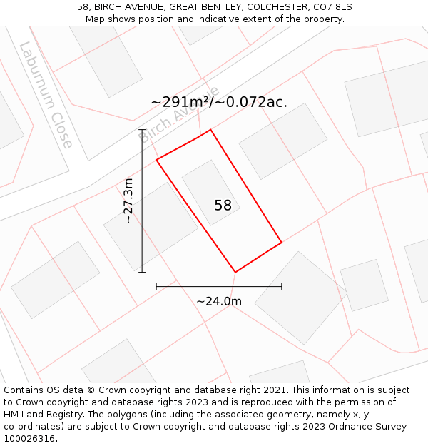 58, BIRCH AVENUE, GREAT BENTLEY, COLCHESTER, CO7 8LS: Plot and title map