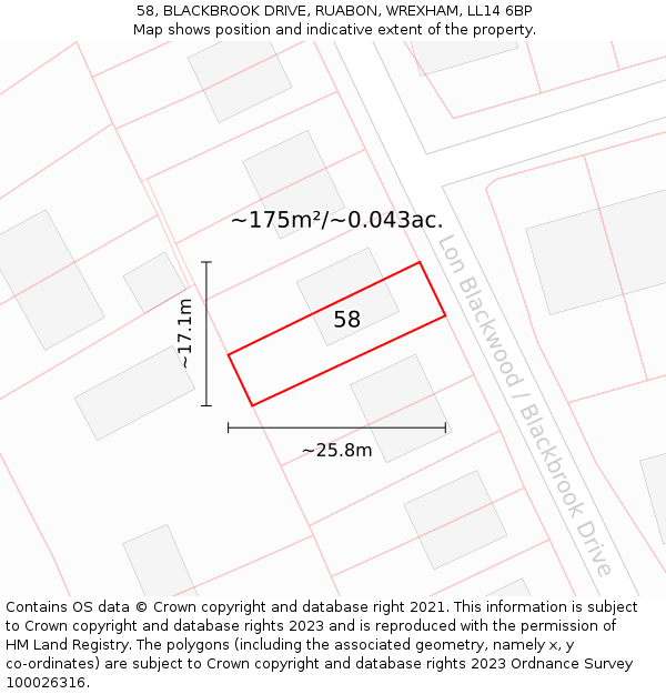 58, BLACKBROOK DRIVE, RUABON, WREXHAM, LL14 6BP: Plot and title map