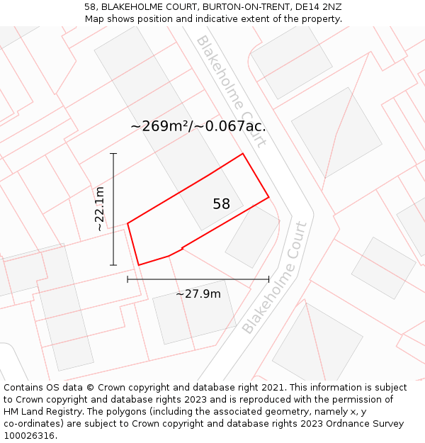 58, BLAKEHOLME COURT, BURTON-ON-TRENT, DE14 2NZ: Plot and title map