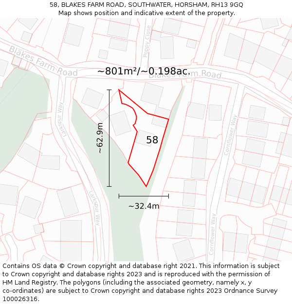 58, BLAKES FARM ROAD, SOUTHWATER, HORSHAM, RH13 9GQ: Plot and title map