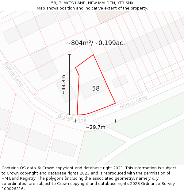 58, BLAKES LANE, NEW MALDEN, KT3 6NX: Plot and title map