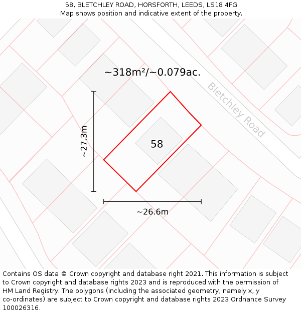 58, BLETCHLEY ROAD, HORSFORTH, LEEDS, LS18 4FG: Plot and title map