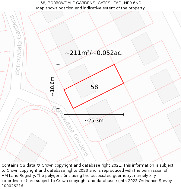 58, BORROWDALE GARDENS, GATESHEAD, NE9 6ND: Plot and title map