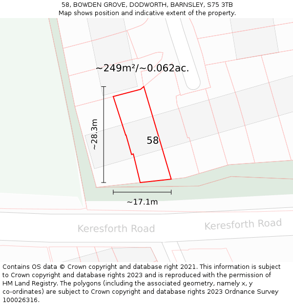 58, BOWDEN GROVE, DODWORTH, BARNSLEY, S75 3TB: Plot and title map