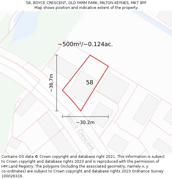 58, BOYCE CRESCENT, OLD FARM PARK, MILTON KEYNES, MK7 8PF: Plot and title map