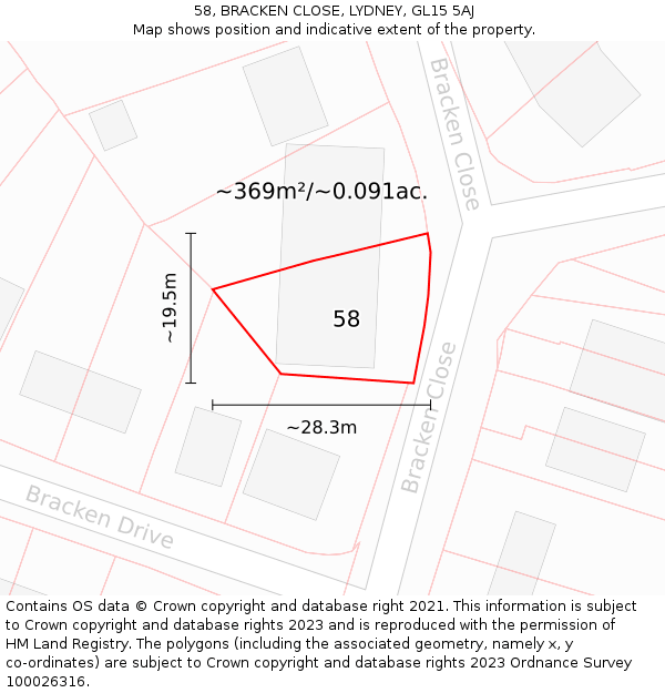58, BRACKEN CLOSE, LYDNEY, GL15 5AJ: Plot and title map