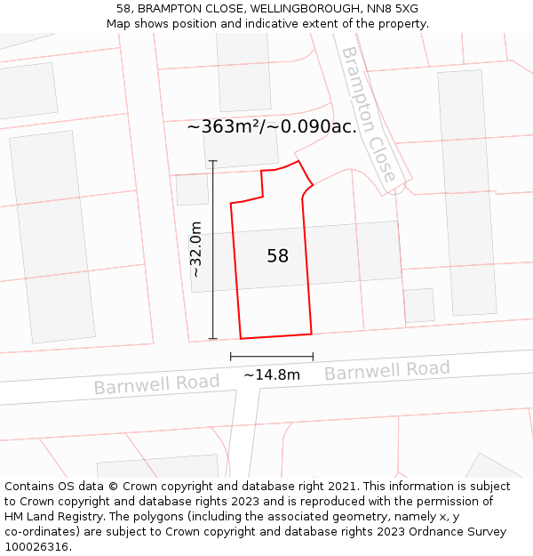 58, BRAMPTON CLOSE, WELLINGBOROUGH, NN8 5XG: Plot and title map