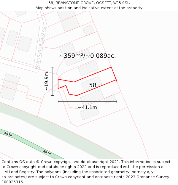 58, BRANSTONE GROVE, OSSETT, WF5 9SU: Plot and title map