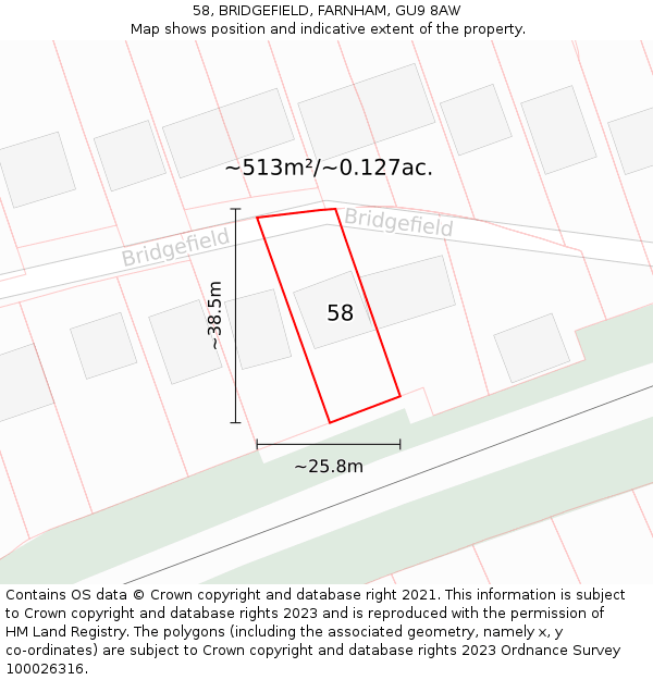 58, BRIDGEFIELD, FARNHAM, GU9 8AW: Plot and title map