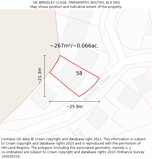 58, BRINDLEY CLOSE, FARNWORTH, BOLTON, BL4 0AG: Plot and title map