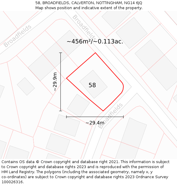 58, BROADFIELDS, CALVERTON, NOTTINGHAM, NG14 6JQ: Plot and title map
