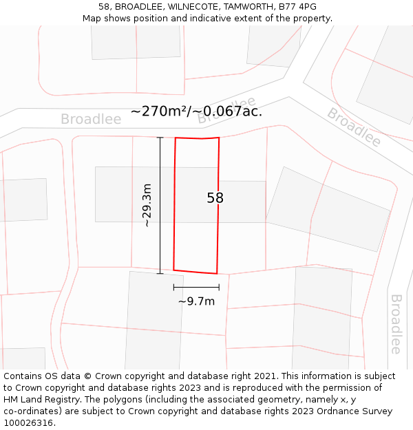 58, BROADLEE, WILNECOTE, TAMWORTH, B77 4PG: Plot and title map