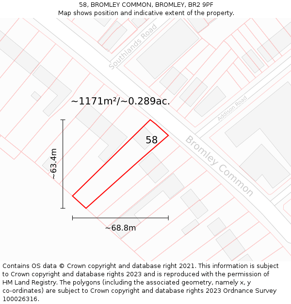 58, BROMLEY COMMON, BROMLEY, BR2 9PF: Plot and title map