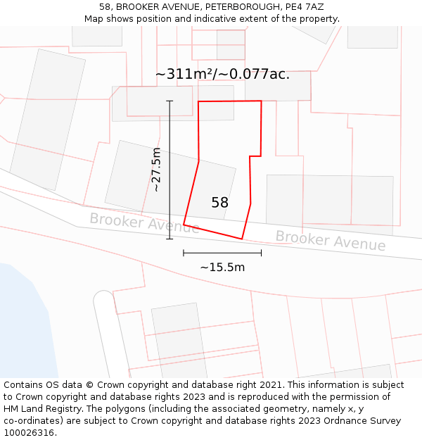 58, BROOKER AVENUE, PETERBOROUGH, PE4 7AZ: Plot and title map